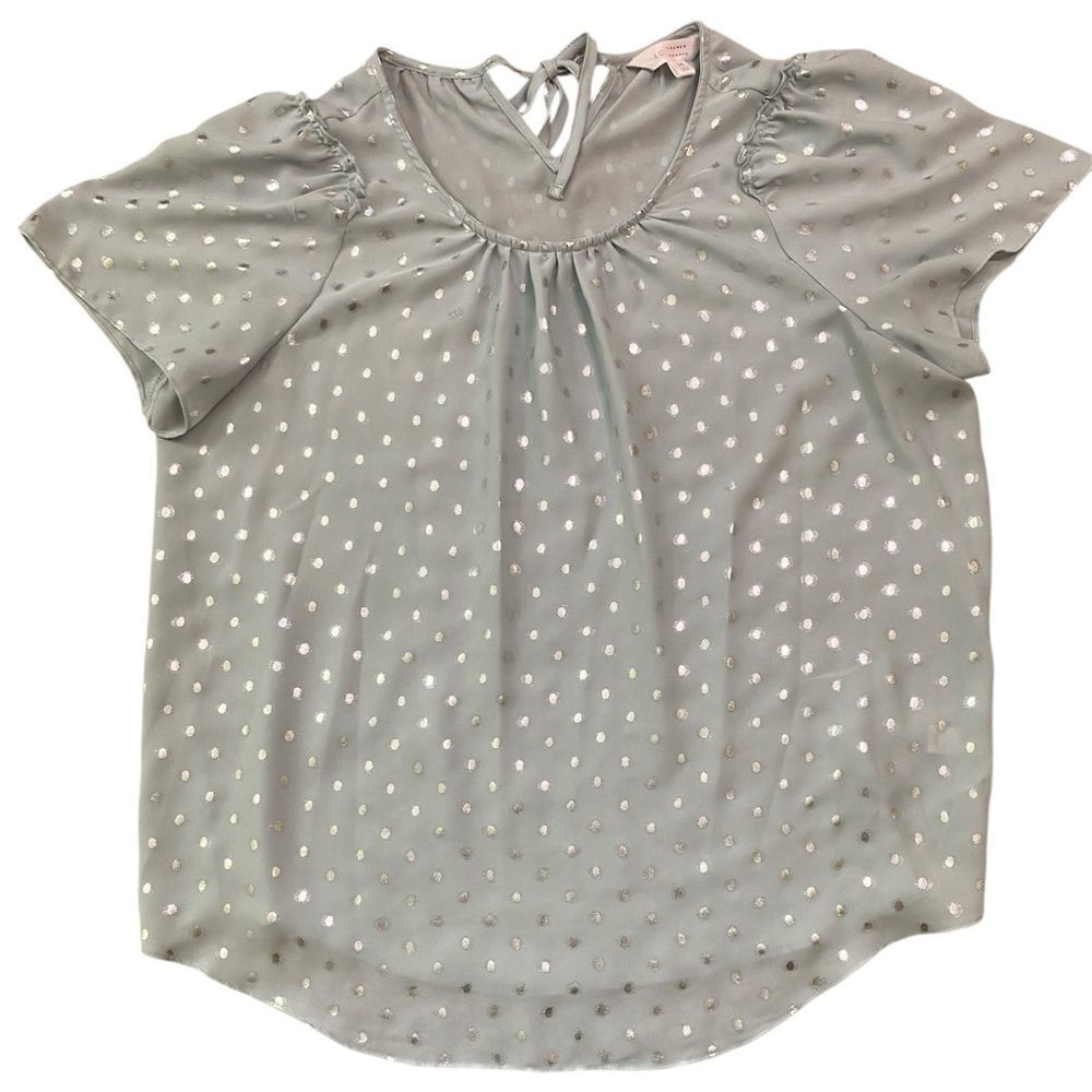 LC Lauren Conrad Pale Blue and Silver Dotted Pleat Neck Flutter Sleeve Blouse